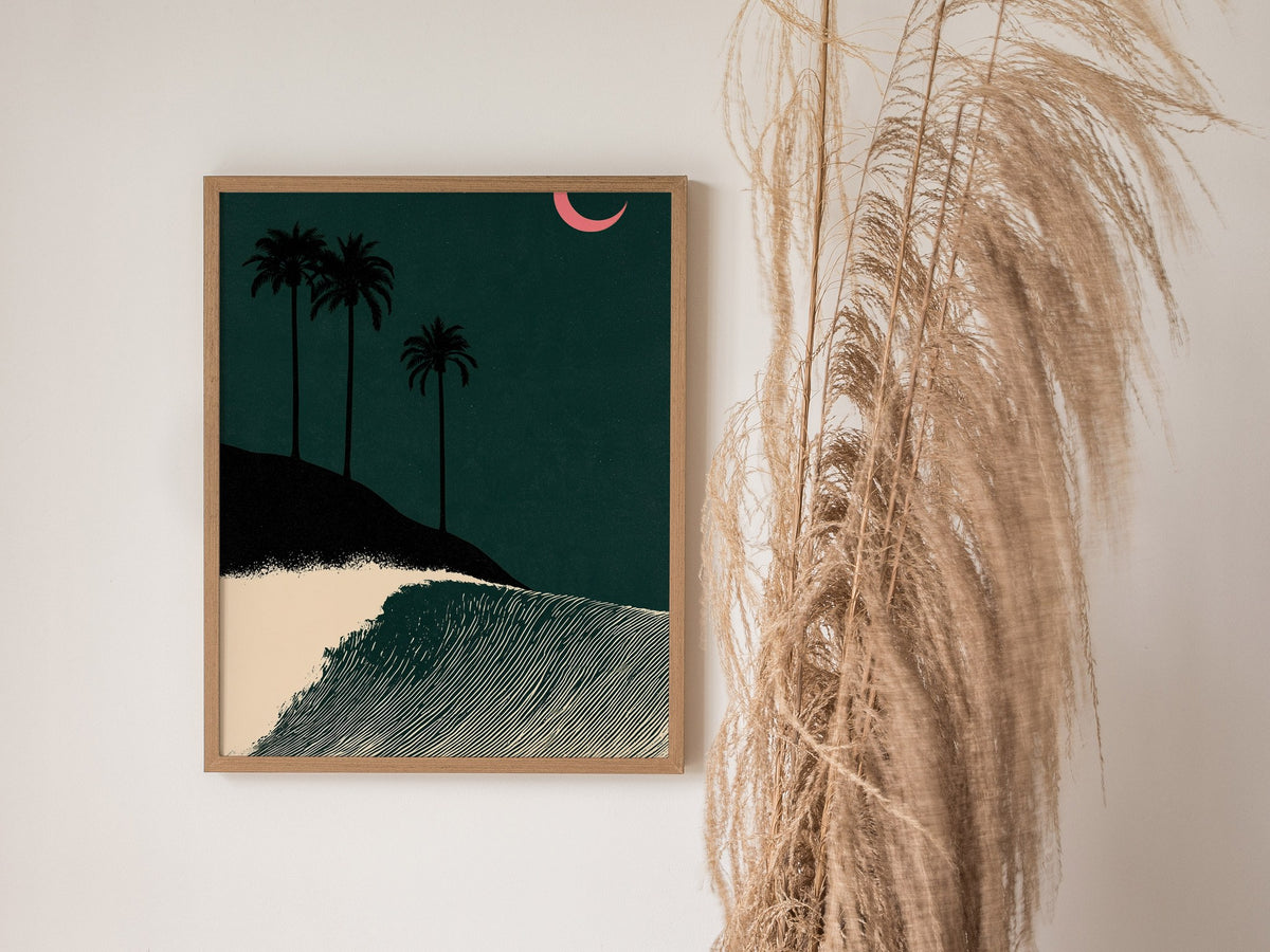 Moon Breaks Wave Poster | Green and Pink Screen Print Art Print | Surf Wall Art — styled in an interior