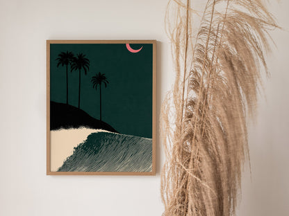 Moon Breaks Wave Poster | Green and Pink Screen Print Art Print | Surf Wall Art — styled in an interior