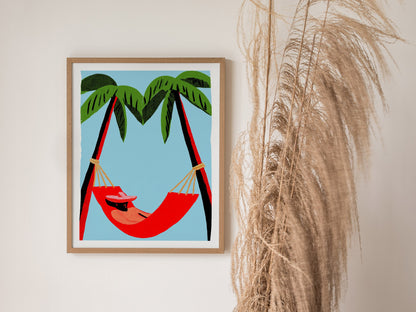 Hammock Afternoon Poster | Blue and Emerald Screen Print Art Print | Tropical Wall Art — styled in an interior