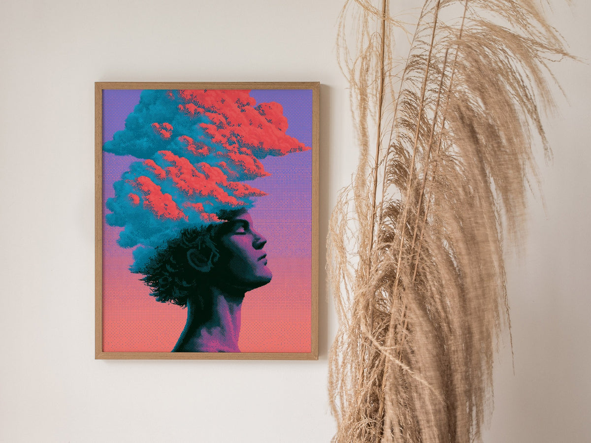 Cloud Mind Floats Poster | Coral and Turquoise Pixel Art Print | Retro Gaming Wall Art — styled in an interior