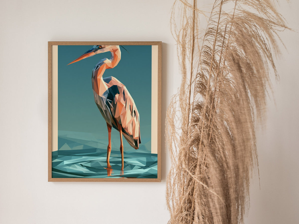 Heron Stands Lagoon Poster | Teal and Orange Low Poly Art Print | Modern Minimalist Wall Art — styled in an interior