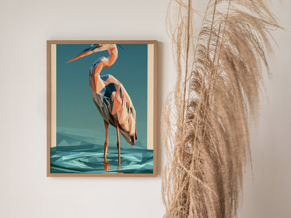 Heron Stands Lagoon Poster | Teal and Orange Low Poly Art Print | Modern Minimalist Wall Art — styled in an interior