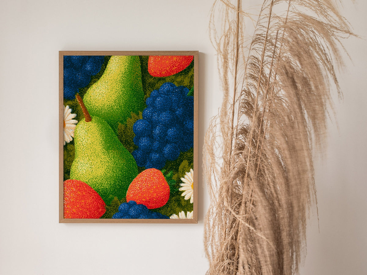 Fruit Bursts Bright Poster | Saturated Primary Illustrative Art Print | Kitchen Wall Art — styled in an interior