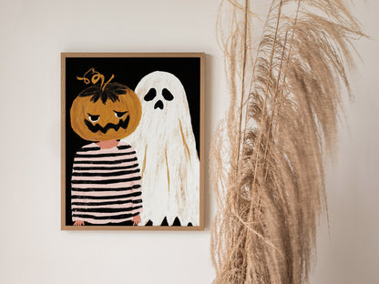 Pumpkin and Ghost Poster | Pink and Orange Illustrative Art Print | Kids Room Wall Art — styled in an interior