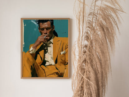 Man Lights Cigarette Poster | Teal and Mustard Oil Painting Art Print | Mid-Century Modern Wall Art — styled in an interior