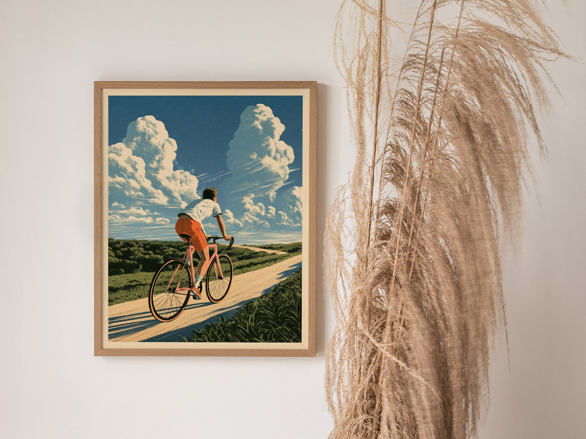 Cyclist Chases Horizon Poster | Blue and Orange Illustrative Art Print | Cycling Wall Art — styled in an interior