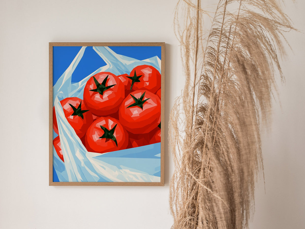 Tomatoes Coming Home Poster | Cobalt and Red Low Poly Art Print | Kitchen Wall Art — styled in an interior