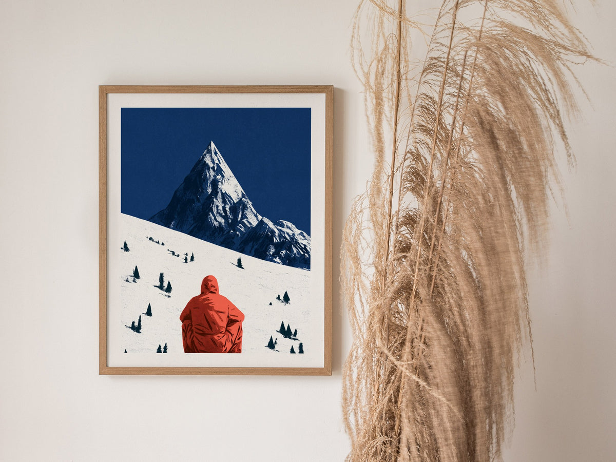 Alone Before Summit Poster | Pink and Cobalt Illustrative Art Print | Adventure Wall Art — styled in an interior