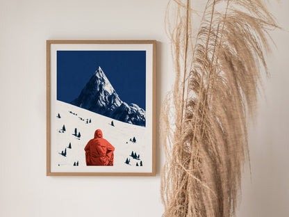 Alone Before Summit Poster | Pink and Cobalt Illustrative Art Print | Adventure Wall Art — styled in an interior