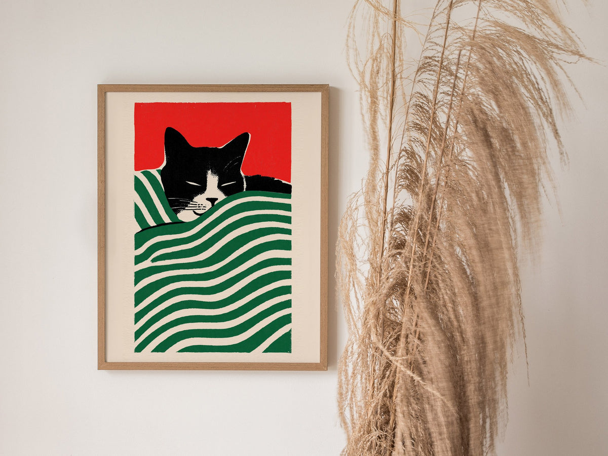 Cat Under Striped Blanket Poster | Green and Red Screen Print Art Print | Cat Lover Wall Art — styled in an interior