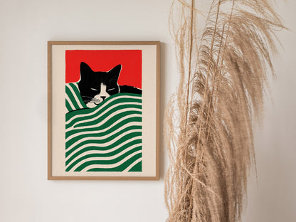 Cat Under Striped Blanket Poster | Green and Red Screen Print Art Print | Cat Lover Wall Art — styled in an interior