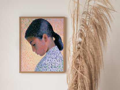 Girl in Ponytail Poster | Coral and Purple Oil Painting Art Print | Contemporary Portrait Wall Art — styled in an interior