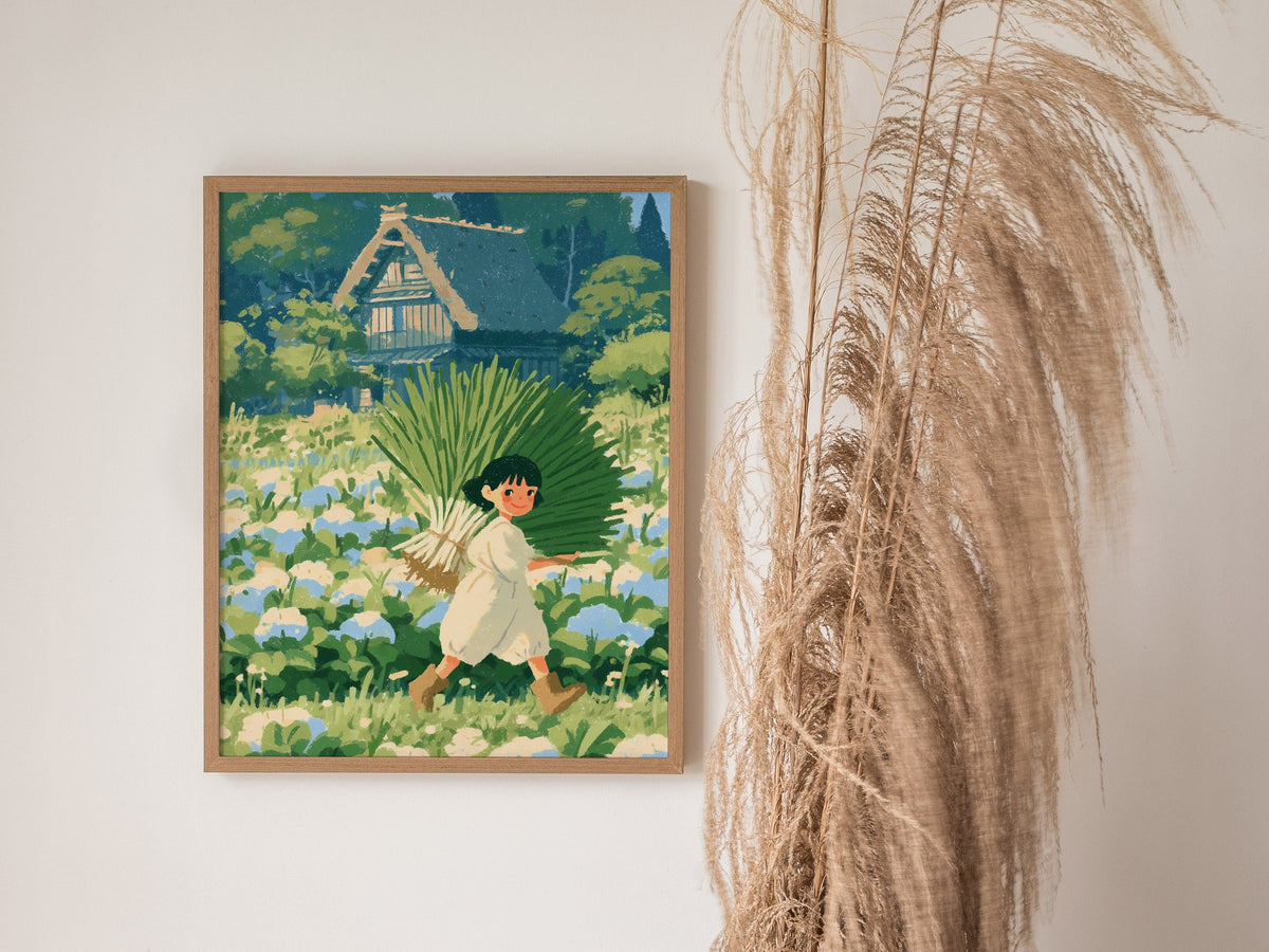 Harvest Walk Home Poster | Blue and Cream Illustrative Art Print | Cottagecore Wall Art — styled in an interior