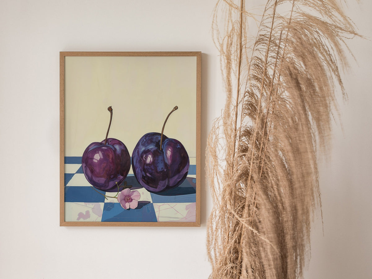 plums-on-checkerboard Poster | Purple and Cream Illustrative Art Print | Kitchen Wall Art — styled in an interior