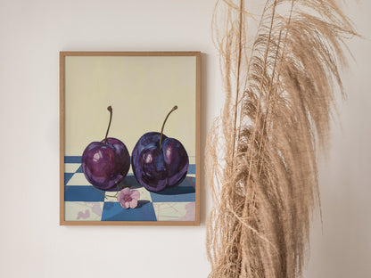 plums-on-checkerboard Poster | Purple and Cream Illustrative Art Print | Kitchen Wall Art — styled in an interior