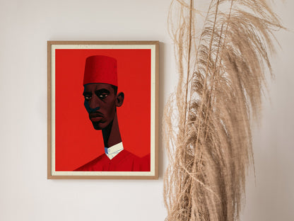 Man Wears Fez Poster | Red and Teal Illustrative Art Print | Retro Portrait Wall Art — styled in an interior