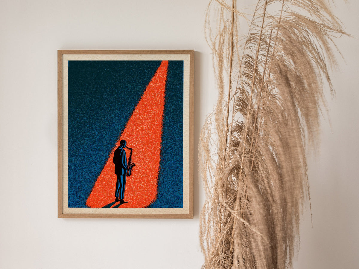 Spotlight Finds Him Poster | Teal and Coral Screen Print Art Print | Jazz Lover Wall Art — styled in an interior