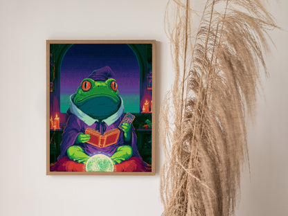 Frog Sees Fortune Poster | Purple and Teal Pixel Art Print | Dark Fantasy Wall Art — styled in an interior