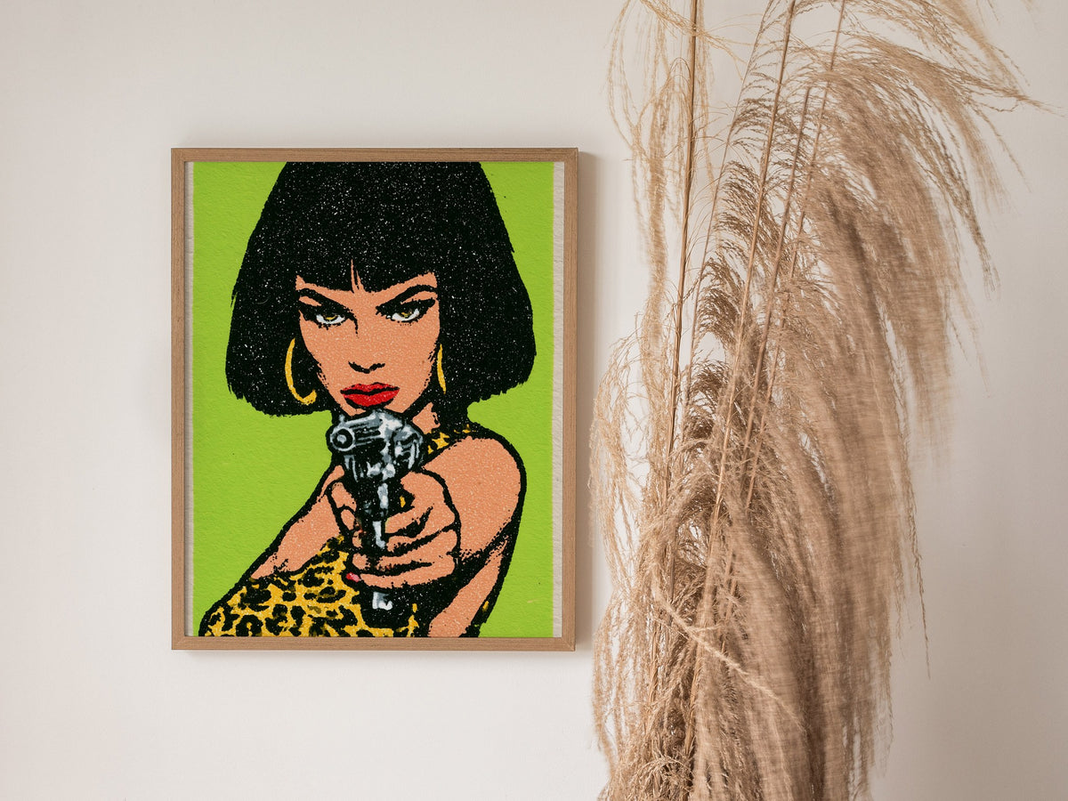 She Means Business Poster | Lime and Yellow Screen Print Art Print | Bold Maximalist Wall Art — styled in an interior