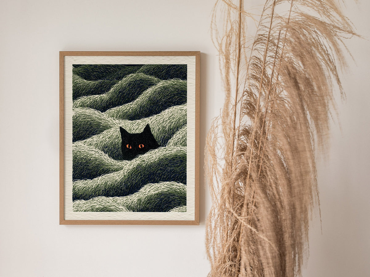 Cat Lurks Deep Poster | Green and Black Pen and Ink Art Print | Dark Fantasy Wall Art — styled in an interior