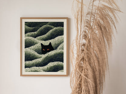 Cat Lurks Deep Poster | Green and Black Pen and Ink Art Print | Dark Fantasy Wall Art — styled in an interior