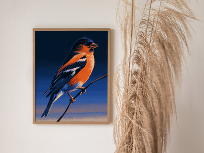 Bullfinch Burning Blue Poster | Navy and Orange Pixel Art Print | Retro Gaming Wall Art — styled in an interior
