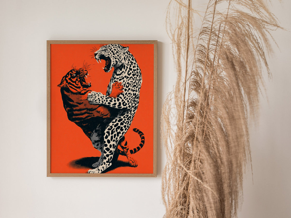 Leopard Battles Tiger Poster | Vermilion and Black Screen Print Art Print | Dark Fantasy Wall Art — styled in an interior
