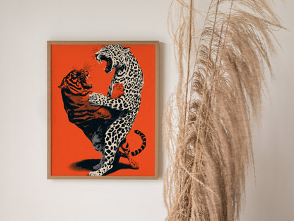 Leopard Battles Tiger Poster | Vermilion and Black Screen Print Art Print | Dark Fantasy Wall Art — styled in an interior