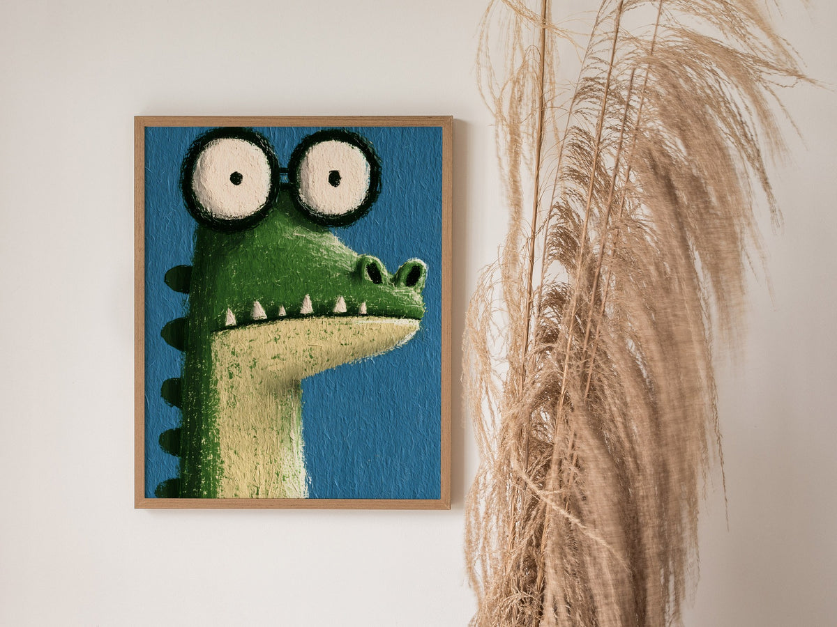 Wide-eyed Crocodile Poster | Green and Cobalt Illustrative Art Print | Kids Room Wall Art — styled in an interior