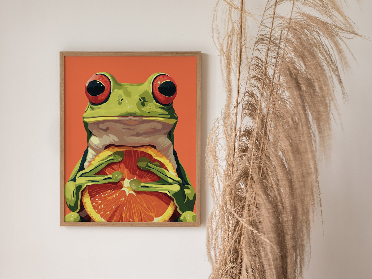 Frog with Orange Poster | Red and Green Flat Design Art Print | Kids Room Wall Art — styled in an interior