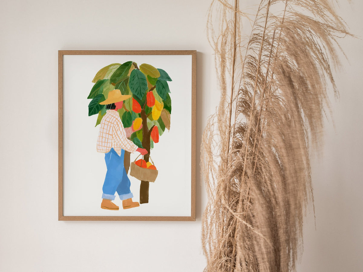 Cocoa Harvest Walk Poster | Illustrative Art Print — styled in an interior