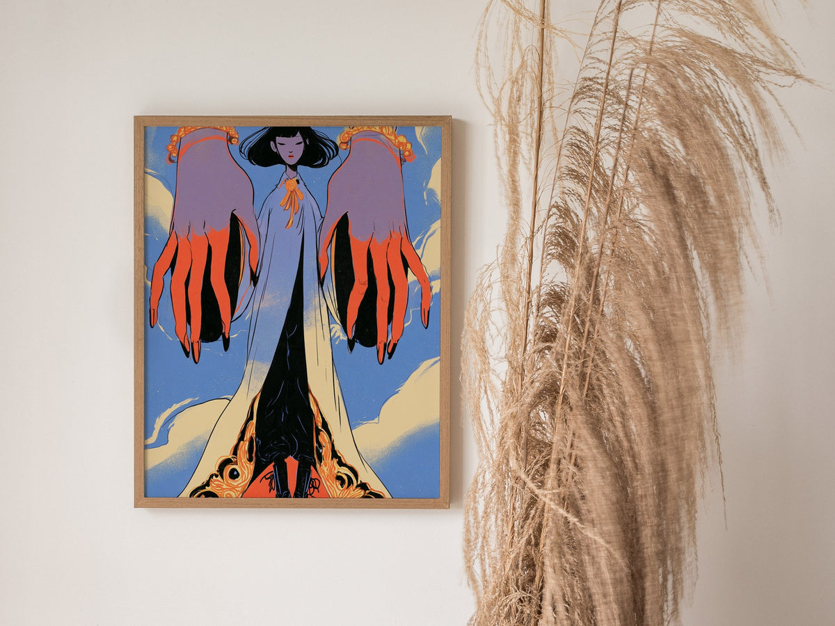 Figure Between Hands Poster | Coral and Periwinkle Illustrative Art Print | Art Deco Wall Art — styled in an interior