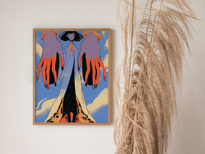 Figure Between Hands Poster | Coral and Periwinkle Illustrative Art Print | Art Deco Wall Art — styled in an interior