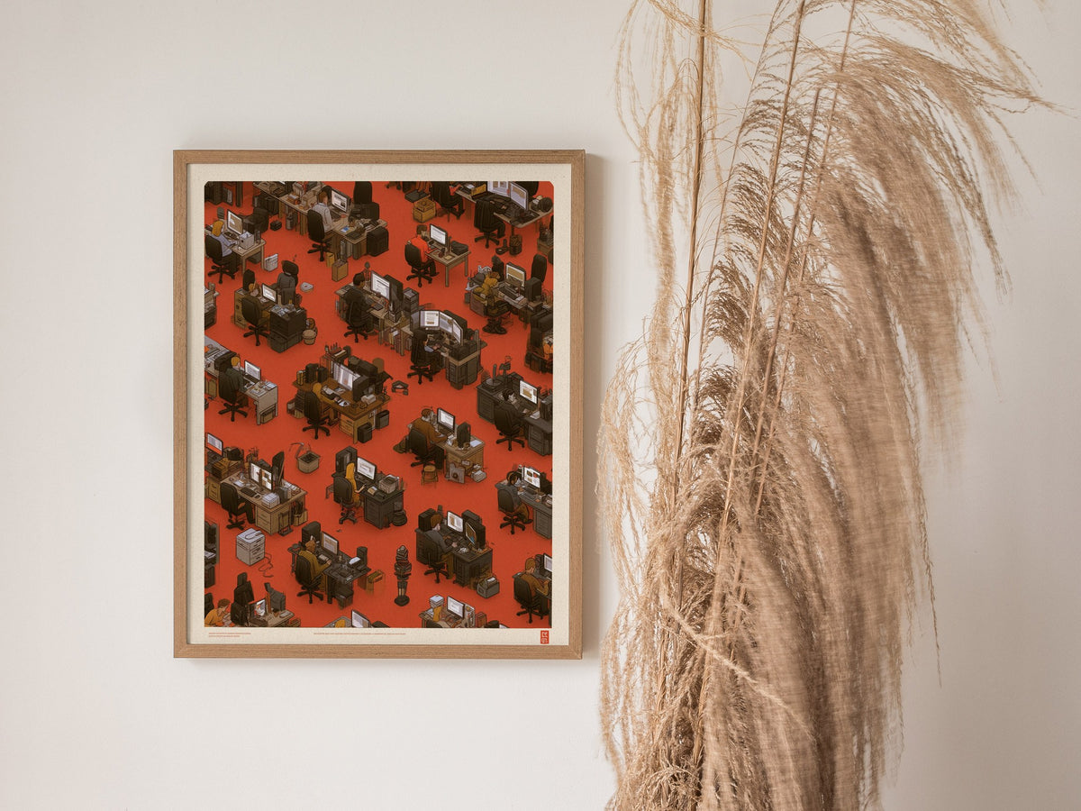 Five at Screens Poster | Orange and Pink Illustrative Art Print | Home Office Wall Art — styled in an interior