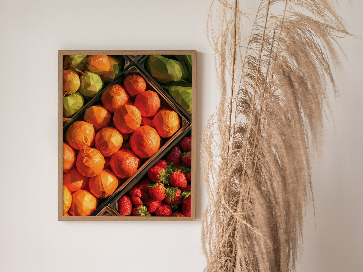 Fruit Stand Overhead Poster | Bold Citrus Low Poly Art Print | Kitchen Wall Art — styled in an interior