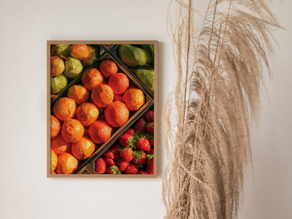 Fruit Stand Overhead Poster | Bold Citrus Low Poly Art Print | Kitchen Wall Art — styled in an interior