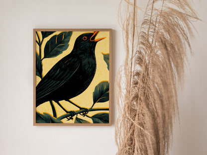 Blackbird in Gold Poster | Gold and Black Screen Print Art Print | British Garden Wall Art — styled in an interior