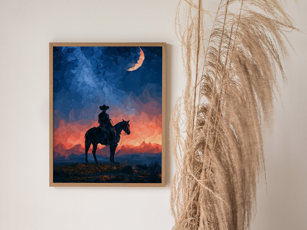 Cowboy Owns Night Poster | Deep Blue Low Poly Art Print | Western Modern Wall Art — styled in an interior