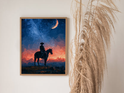 Cowboy Owns Night Poster | Deep Blue Low Poly Art Print | Western Modern Wall Art — styled in an interior