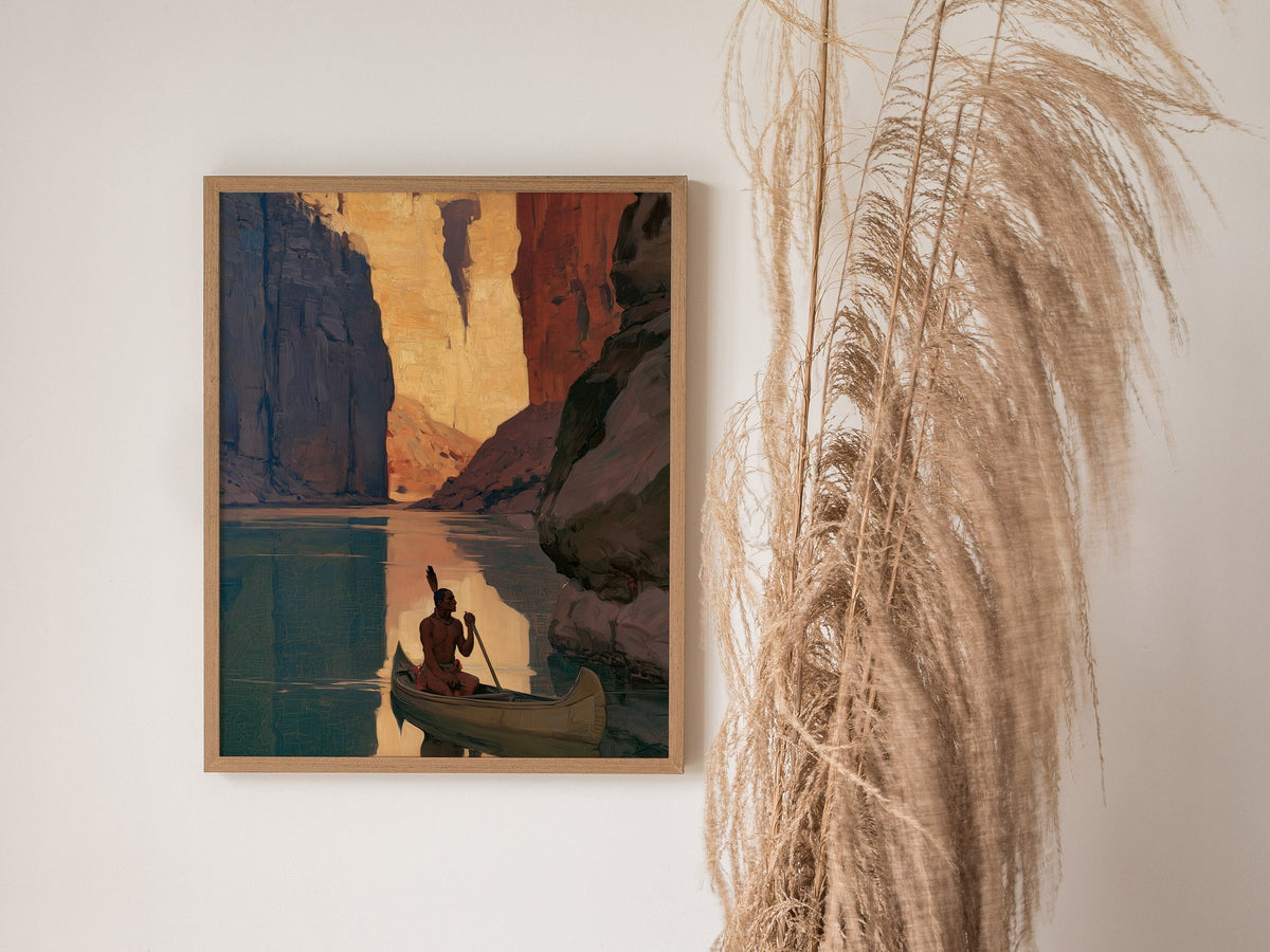 canoe-in-canyon-light Poster | Amber and Shadow Oil Painting Art Print | Adventure Wall Art — styled in an interior