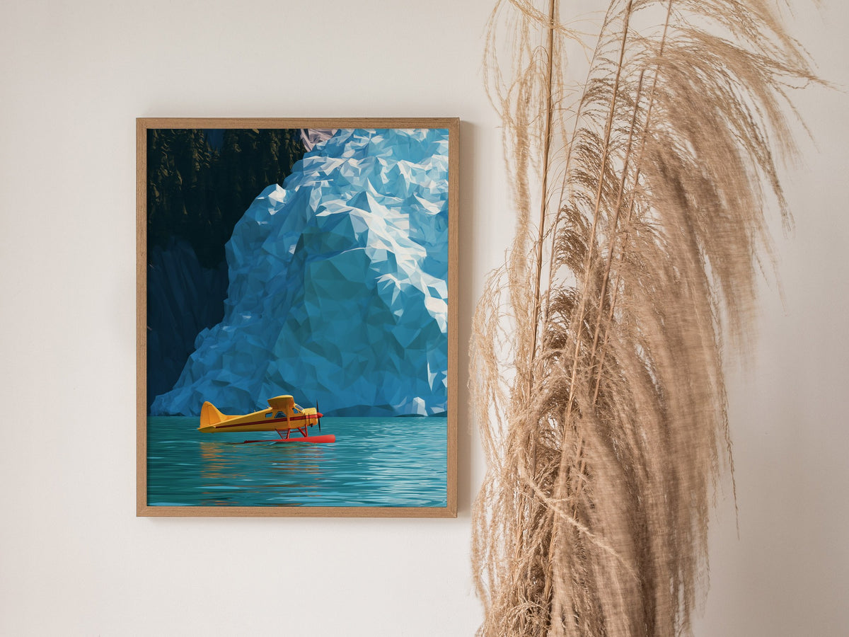 Seaplane Parks Glacier Bay Poster | Yellow and Turquoise Low Poly Art Print | Aviation Wall Art — styled in an interior