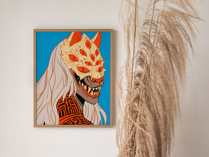 Fox Mask Grin Poster | Orange and Blue Illustrative Art Print | Dark Fantasy Wall Art — styled in an interior