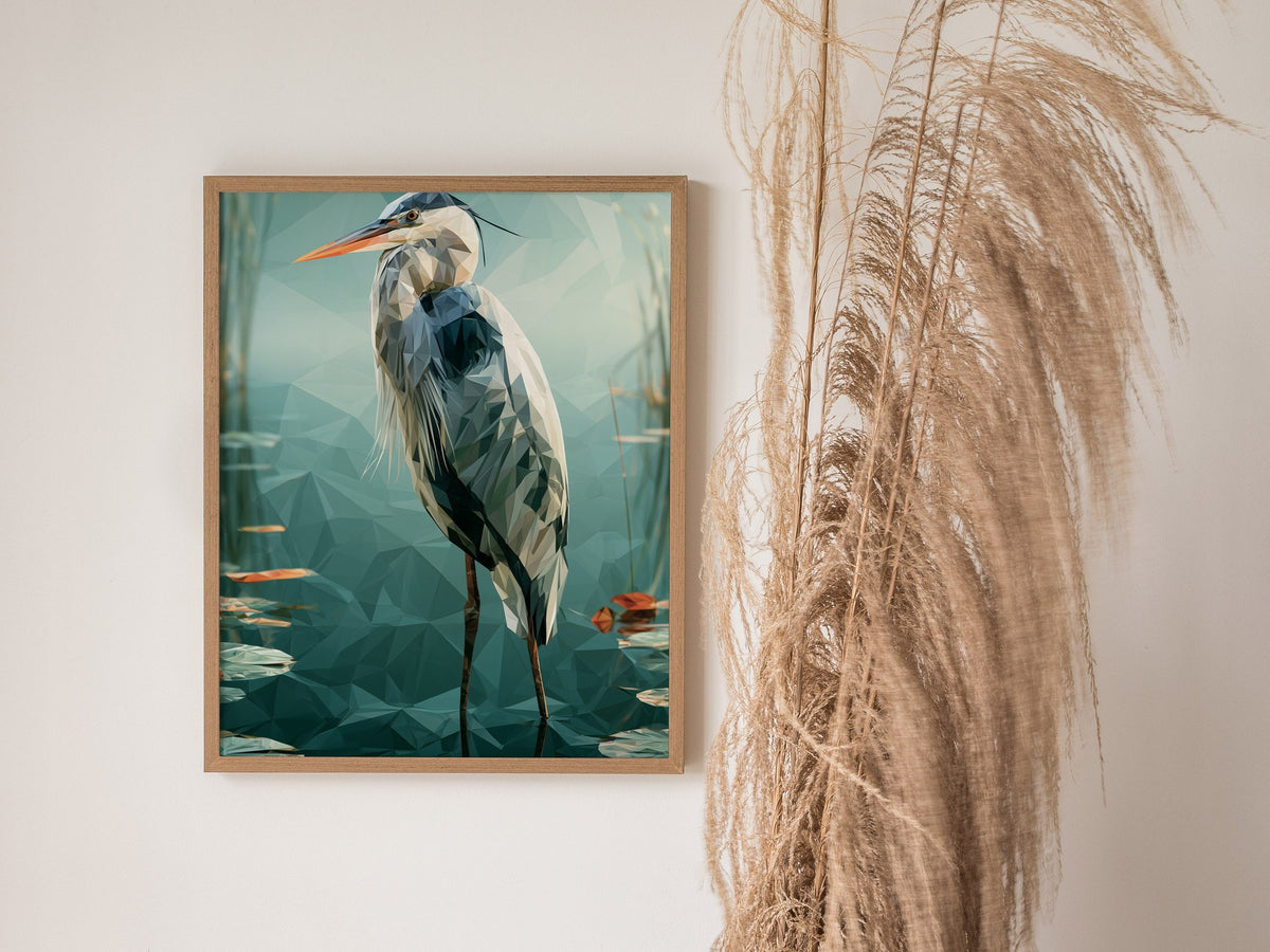 Heron Guards Shallows Poster | Teal and Slate Low Poly Art Print | Modern Minimal Wall Art — styled in an interior