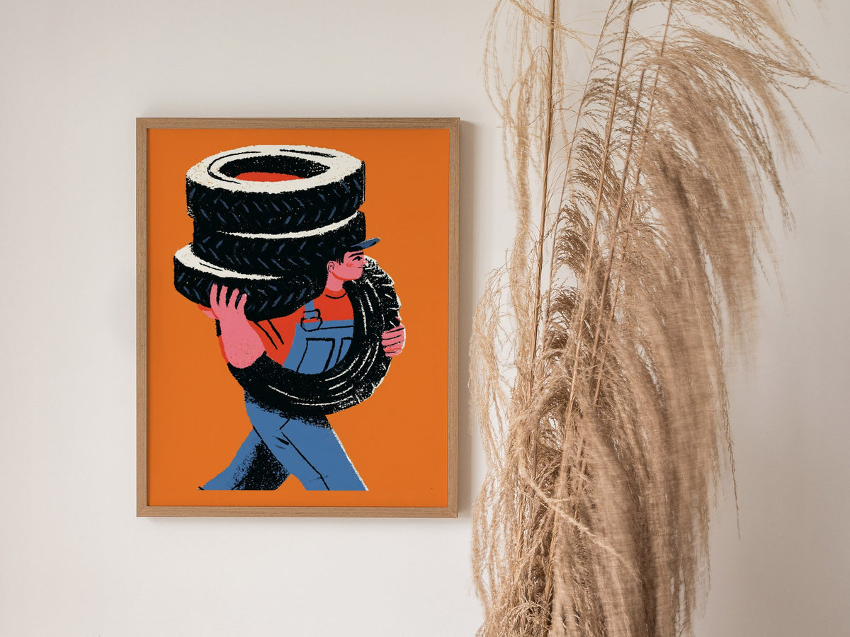 Mechanic Carries Tires Poster | Orange and Blue Illustrative Art Print | Workshop Wall Art — styled in an interior
