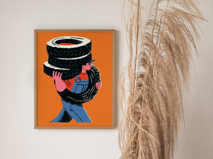 Mechanic Carries Tires Poster | Orange and Blue Illustrative Art Print | Workshop Wall Art — styled in an interior
