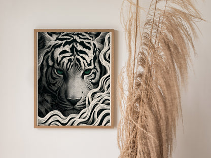 White Tiger Surfaces Poster | Black and Cream Pen and Ink Art Print | Dark Academia Wall Art — styled in an interior