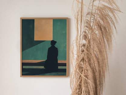 Gallery Visitor Poster | Teal and Cream Flat Design Art Print | Minimalist Wall Art — styled in an interior