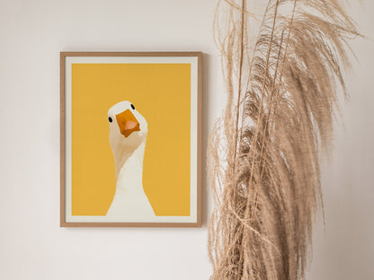 Goose Tilts Head Poster | White and Gold Flat Design Art Print | Kids Room Wall Art — styled in an interior