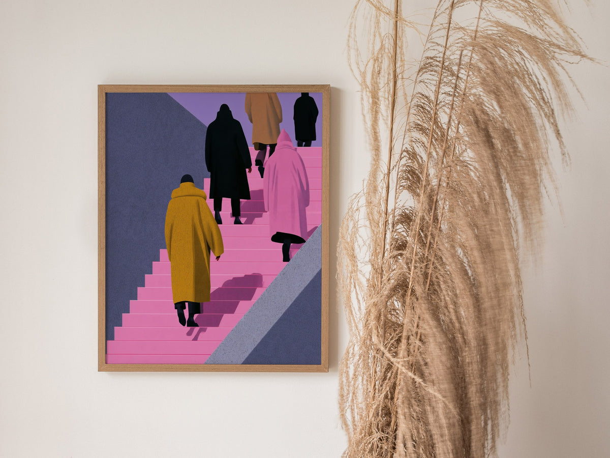 Figures Ascending Pink Poster | Pink and Purple Illustrative Art Print | Urban Minimalist Wall Art — styled in an interior