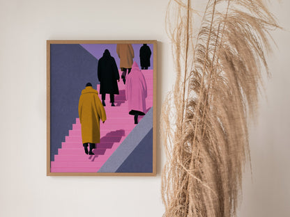 Figures Ascending Pink Poster | Pink and Purple Illustrative Art Print | Urban Minimalist Wall Art — styled in an interior